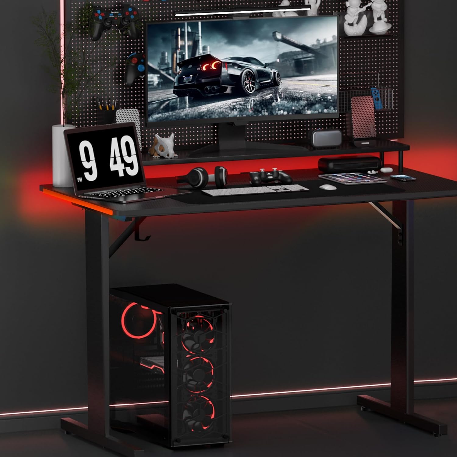 GTPLAYER Gaming Desk 55 Inch with LED Lights, Large Computer Desk with Mouse Pad for Home Office, T-Shaped Carbon Fibre Surface PC Game Workstations with Headphone Hook