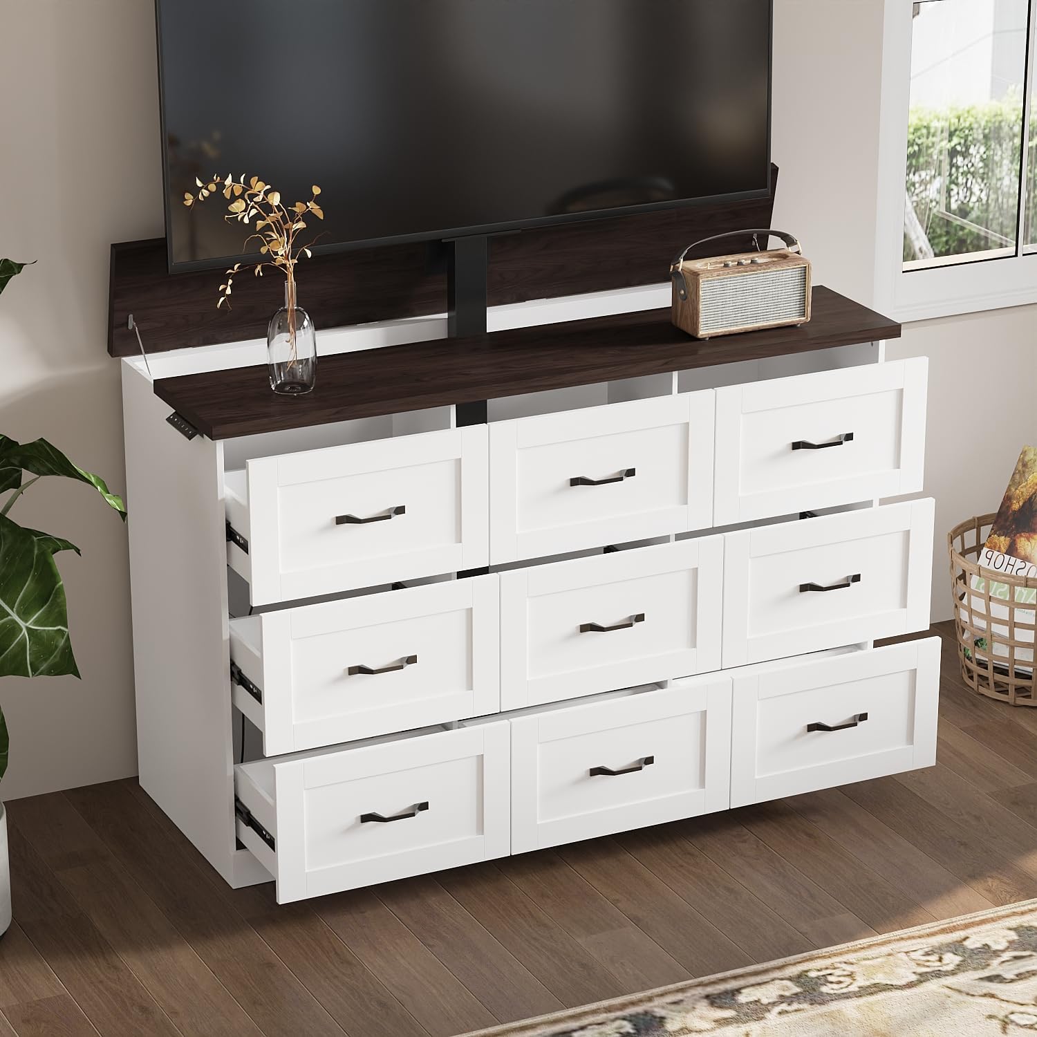 ECACAD TV Stand Cabinet with Charging Station, Motor Rising & Lowering Mount, Modern Entertainment Center with 9 Drawers for TVs up to 65 Inch, Lift Media Console Table for Living Room, White & Brown