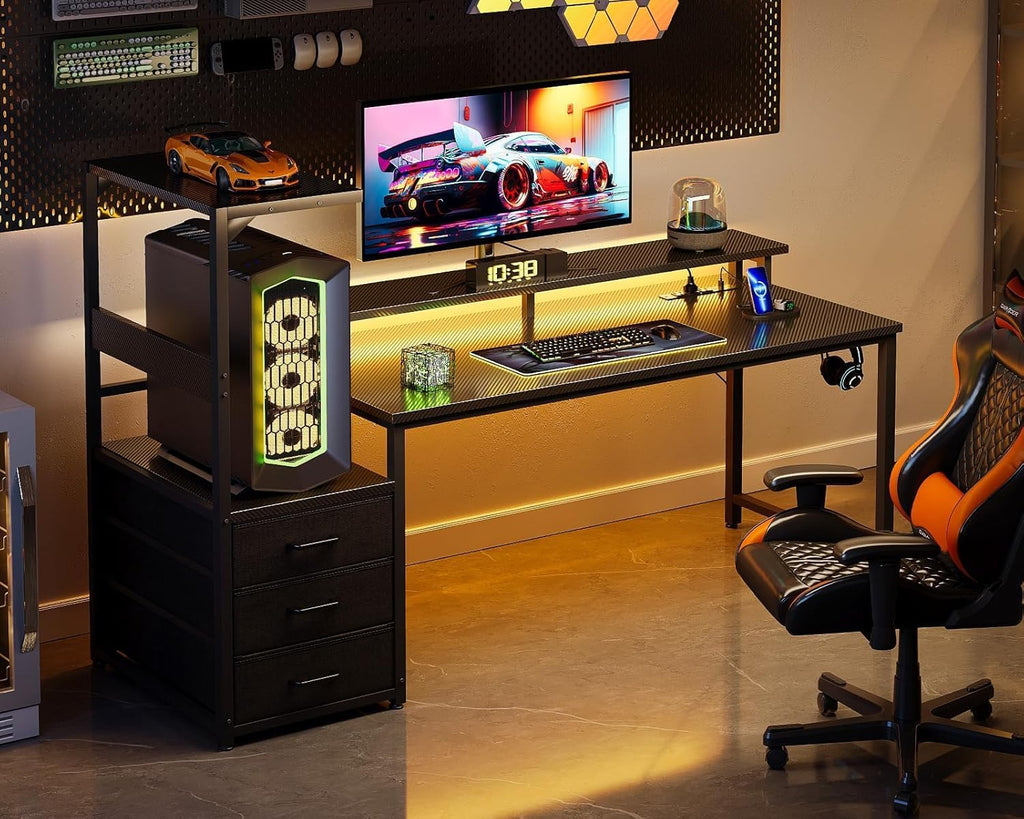 Casaottima 59 Inch Gaming Desk with USB Charging Ports & LED Light - Reversible Computer Desk with 3 Fabric Drawers, Monitor Stand, CPU Stand, and Side Hook, Modern Office Desk, Pure Black