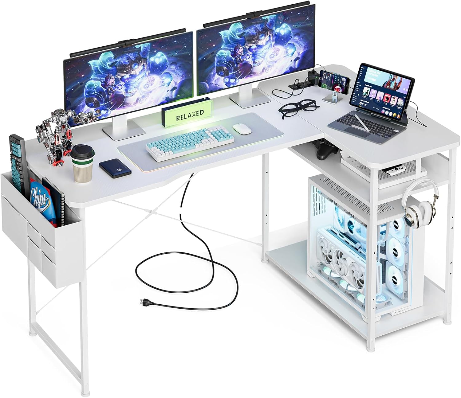 Small Gaming Desk with Power Outlets, 40 Inch L Shaped Desks with Reversible Shelves and Storage Bag,Computer Desk Corner Desk PC Desk for Gaming and Home Office Table,Black