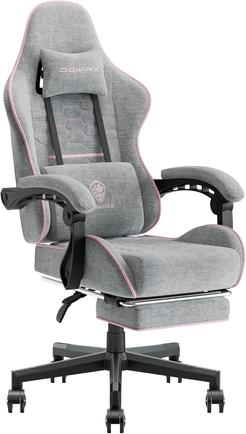 Dowinx Gaming Chair Fabric with Pocket Spring Cushion, Massage Game Chair Cloth with Headrest, Ergonomic Computer Chair with Footrest 290LBS, Black and Grey
