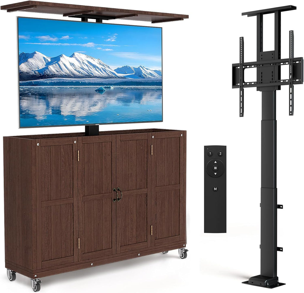 Solid Wood Outdoor TV Lift Cabinet for 32-65” TVs, Mobile TV Stand on Wheels, Weatherproof Motorized TV Lift Stand,Hidden TV Enclosure for Flat Screens