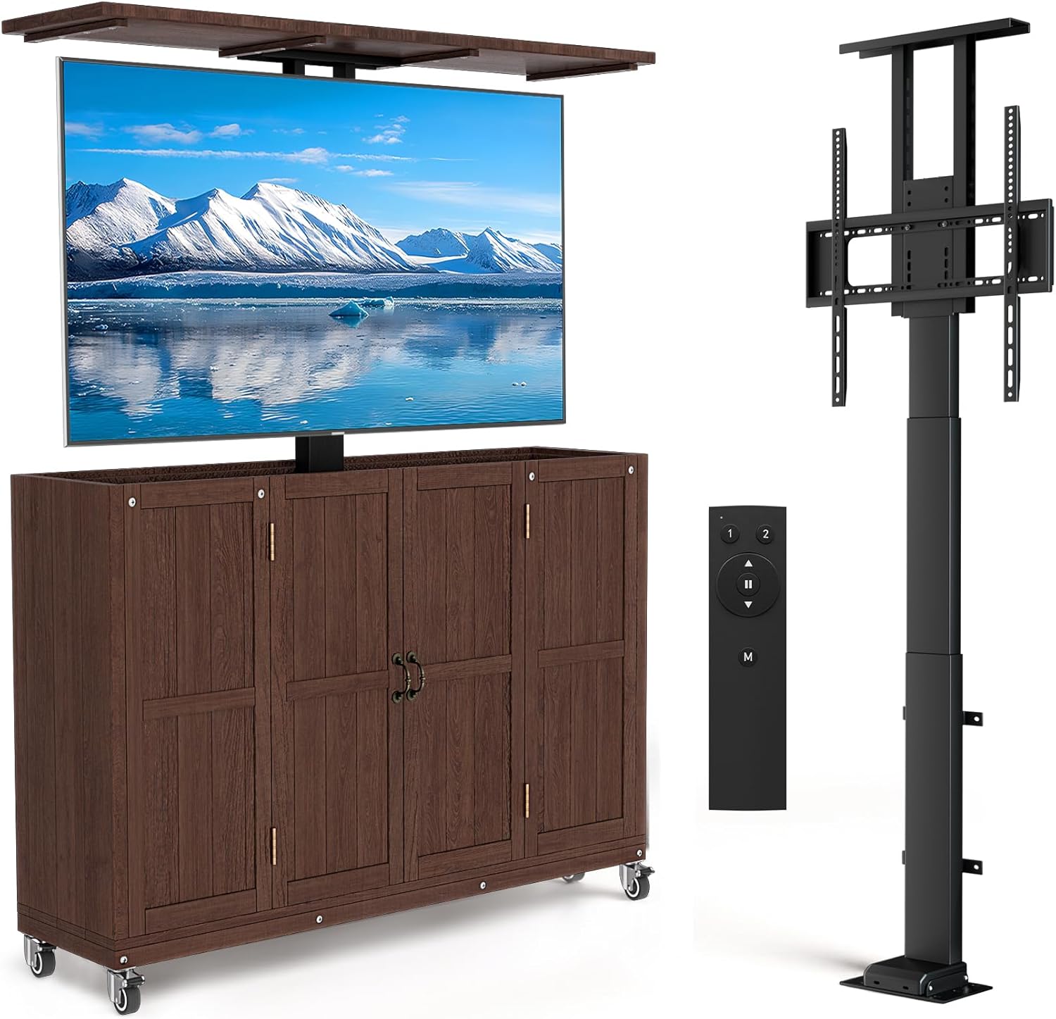 Solid Wood Outdoor TV Lift Cabinet for 32-65” TVs, Mobile TV Stand on Wheels, Weatherproof Motorized TV Lift Stand,Hidden TV Enclosure for Flat Screens