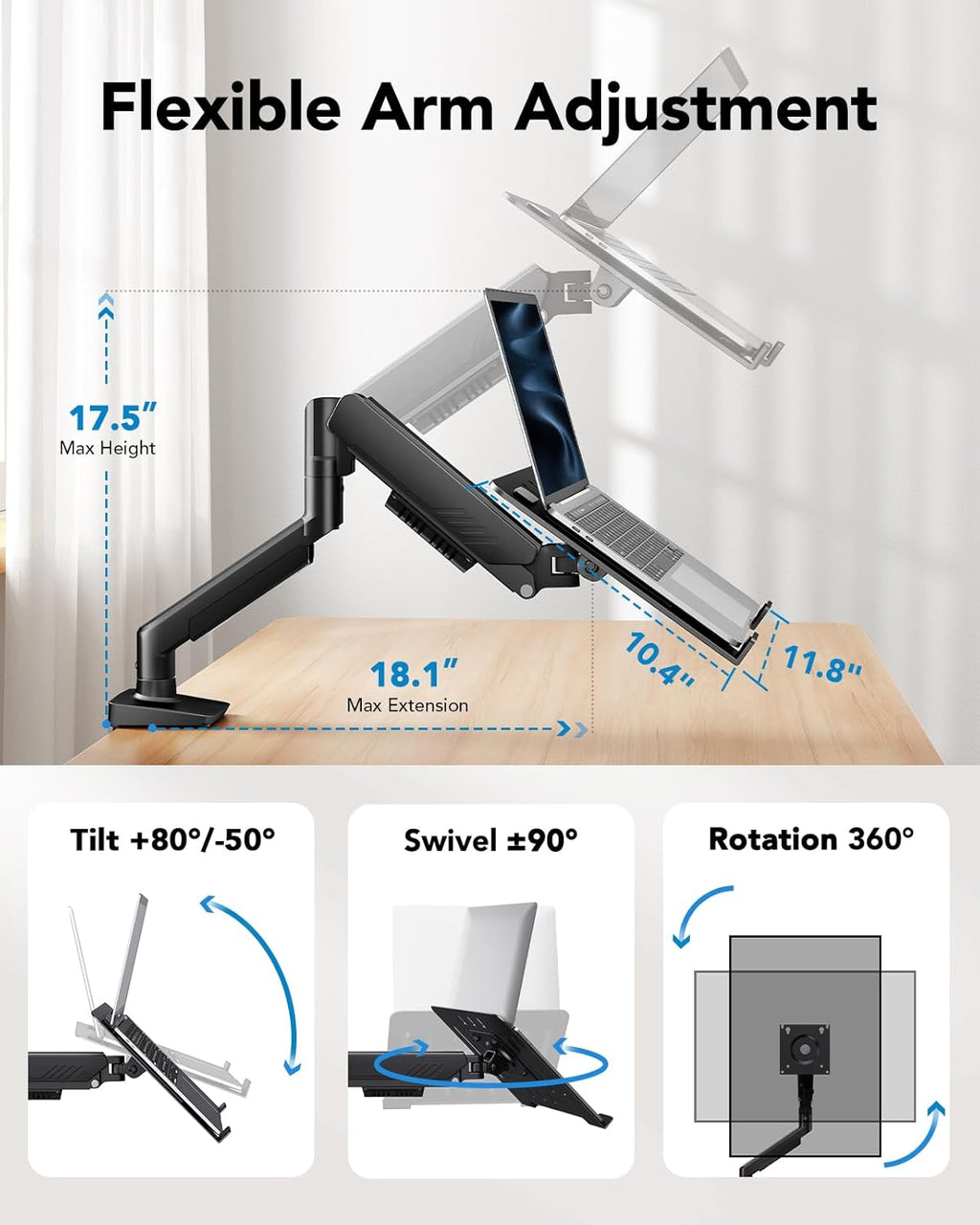 HUANUO 2 in 1 Function Laptop Mount with Tray, Fits 13-34″ Monitors & Up to 17″ Notebook, Ergonomic Laptop Arm with Full Motion Adjustment, Laptop Stand for Desk, VESA 75x75mm/100x100mm