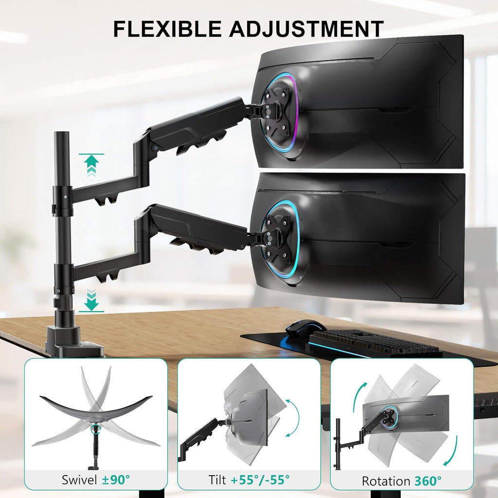 WALI Dual Monitor Stand for 17-49 Inch Ultrawide Curved Screens Stacking, Heavy Duty Vertical Dual Monitor Arm for Desk, Adjustable Gas Spring Double Monitor Mount (GSDM002XLN), Black