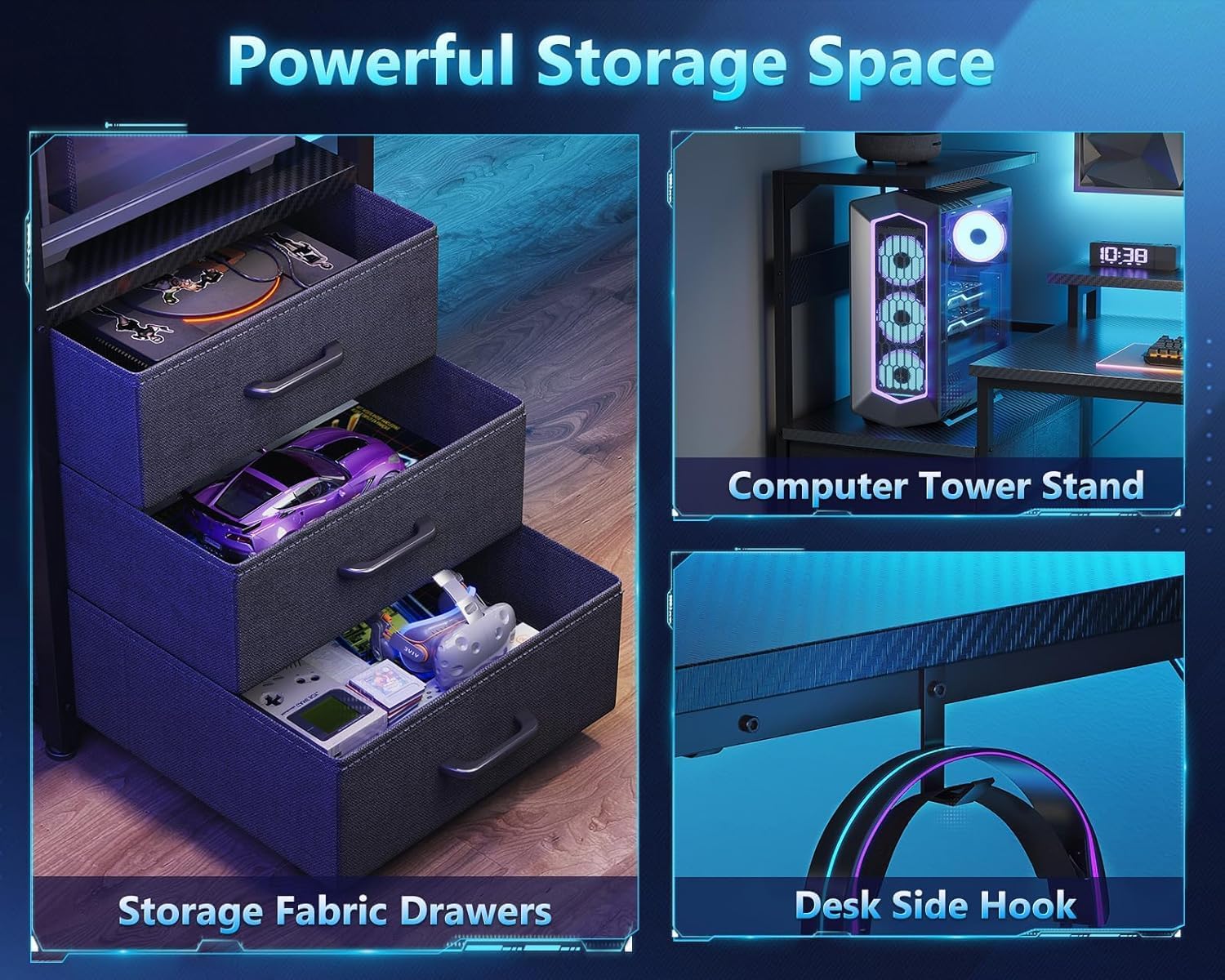 Casaottima 59 Inch Gaming Desk with USB Charging Ports & LED Light - Reversible Computer Desk with 3 Fabric Drawers, Monitor Stand, CPU Stand, and Side Hook, Modern Office Desk, Pure Black