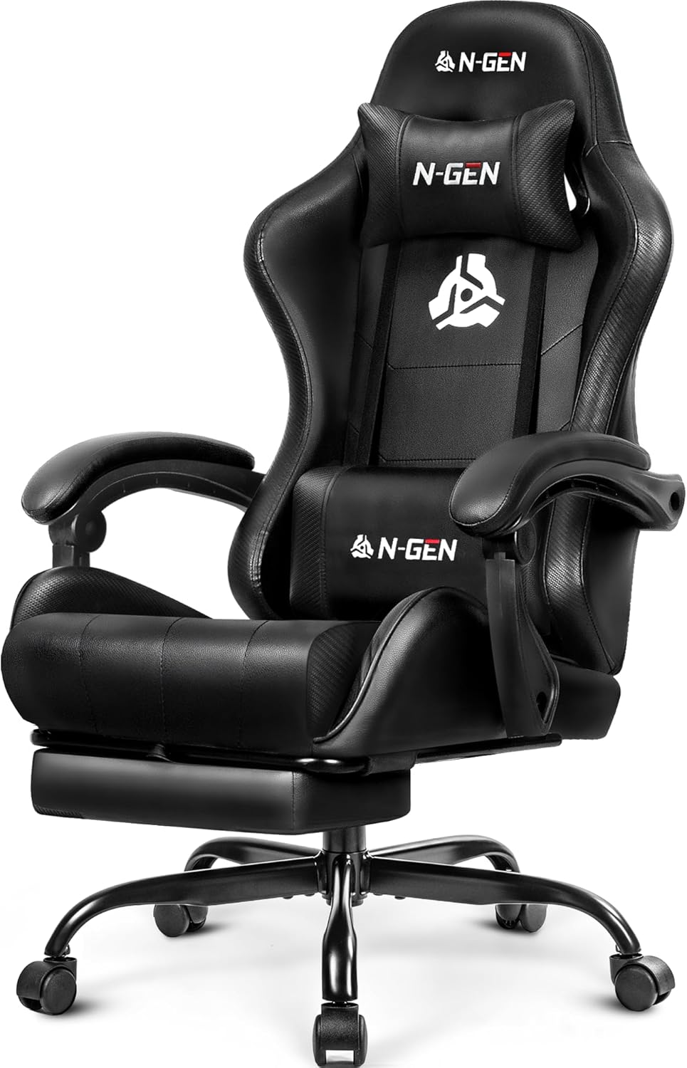 N-GEN GAMING Video Gaming Chair with Footrest Lumbar Support for Home Office High Back Recliner Height Adjustable Ergonomic Comfy Leather Computer Desk Chair (Black)