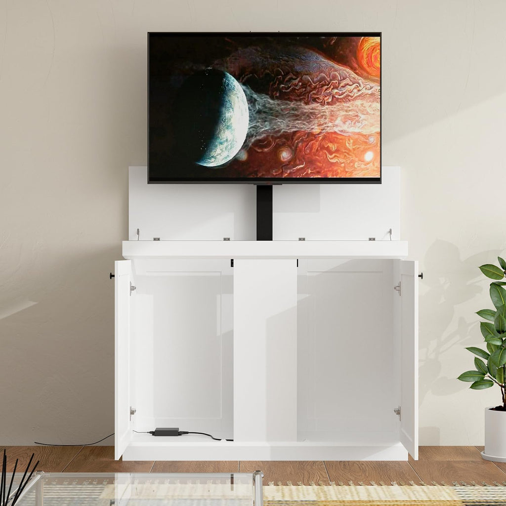 MOUMON Modern TV Stand Elevate TV Lift Cabinet with Mount, Media Console Table with Remote, Entertainment Center with 2 Doors, for Living Room, White, 50.4”W x 13.8”D x 39.3”H