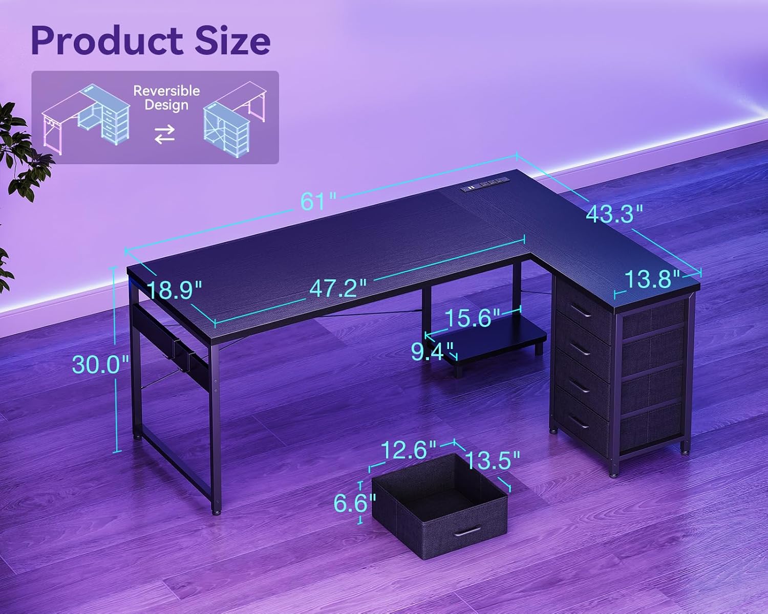 AODK L Shaped Gaming Desk with 4 Drawers, 61" Reversible Home Office Desks with Power Outlets, L Shaped Computer Desk with USB Charging Port and Host Stand, Corner Desk, Easy to Assemble, Black