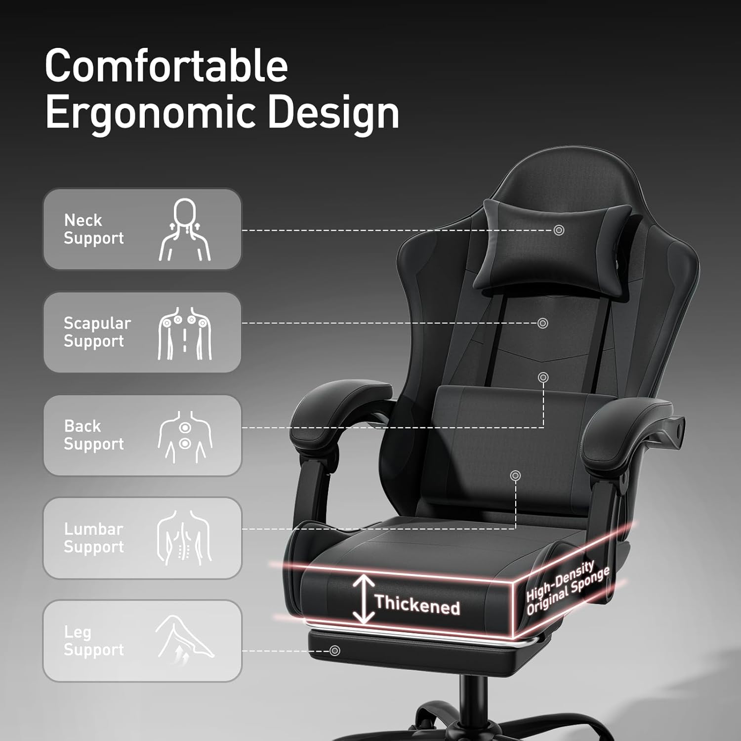 MoNiBloom Gaming Chair with Footrest High Back Video Game Chair with Headrest & Lumbar Support Height Adjustable Leather Swivel Computer Chair for Adult Teen Office or Gaming, Black