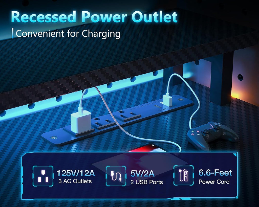 Casaottima 59 Inch Gaming Desk with USB Charging Ports & LED Light - Reversible Computer Desk with 3 Fabric Drawers, Monitor Stand, CPU Stand, and Side Hook, Modern Office Desk, Pure Black