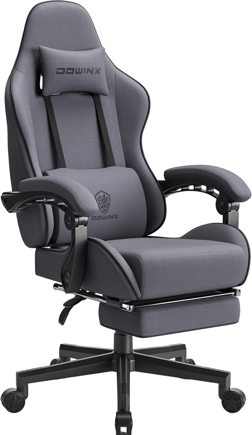 Dowinx Gaming Chair Fabric with Pocket Spring Cushion, Massage Game Chair Cloth with Headrest, Ergonomic Computer Chair with Footrest 290LBS, Black and Grey