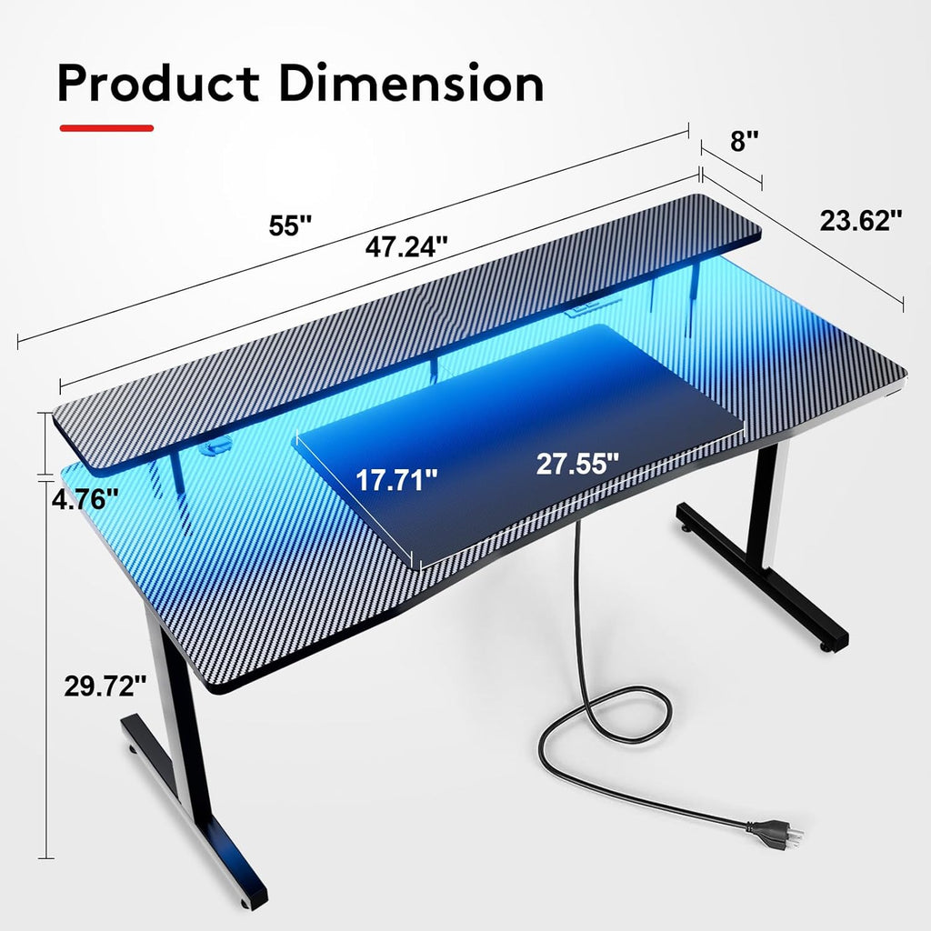 COMHOMA 55 Inch Gaming Desk with USB Charging Ports and LED Lights, Computer Desk with Monitor Stand for Home Office, Modern Gamer Desk Table with Mouse Pad & Side Hook, Colorful