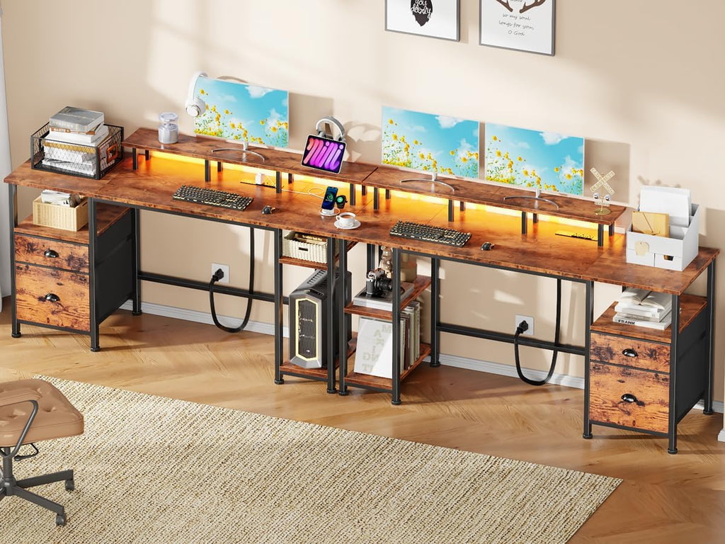 Furologee 61" Computer Desk with Power Outlet & LED Lights, Reversible Gaming Desk with File Cabinet & Monitor Stand for Home Office, Writing Study Table with Storage Shelves and Drawer, Rustic Brown