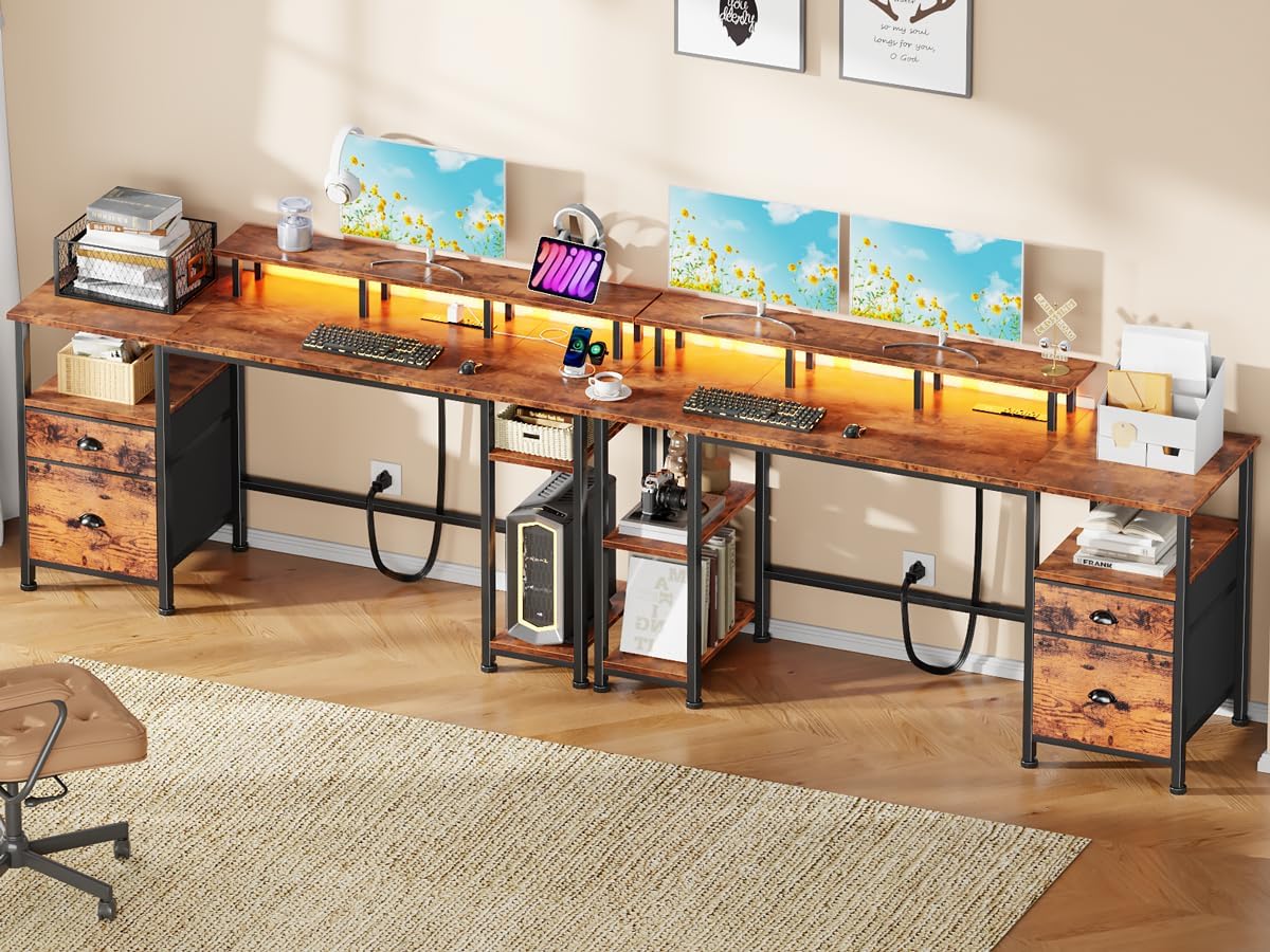 Furologee 61" Computer Desk with Power Outlet & LED Lights, Reversible Gaming Desk with File Cabinet & Monitor Stand for Home Office, Writing Study Table with Storage Shelves and Drawer, Rustic Brown