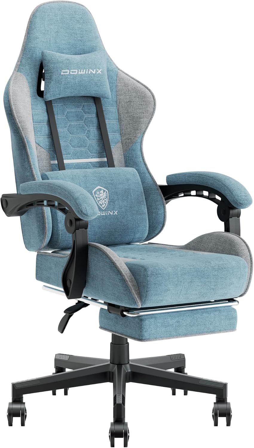 Dowinx Gaming Chair Fabric with Pocket Spring Cushion, Massage Game Chair Cloth with Headrest, Ergonomic Computer Chair with Footrest 290LBS, Black and Grey