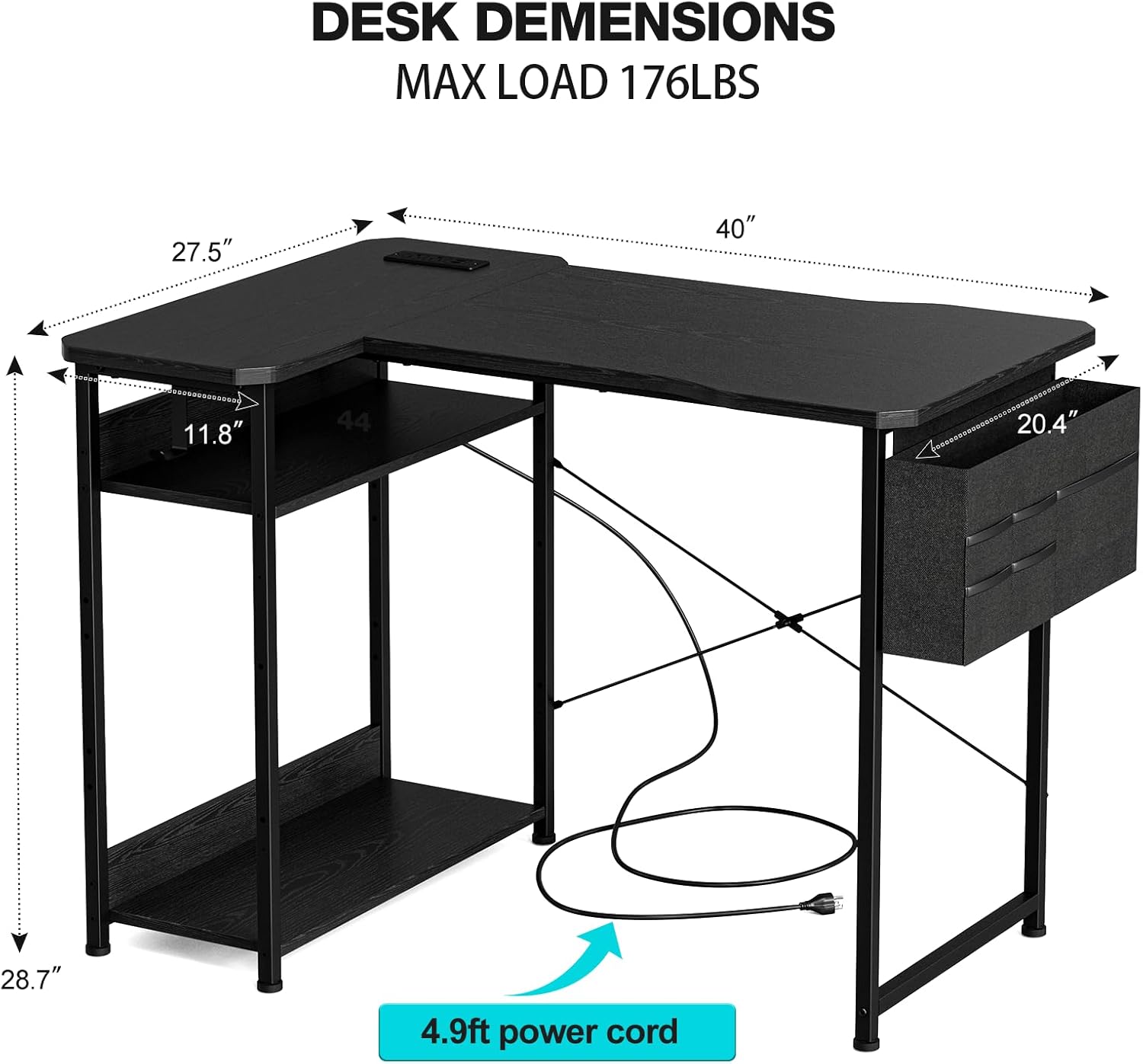 Small Gaming Desk with Power Outlets, 40 Inch L Shaped Desks with Reversible Shelves and Storage Bag,Computer Desk Corner Desk PC Desk for Gaming and Home Office Table,Black
