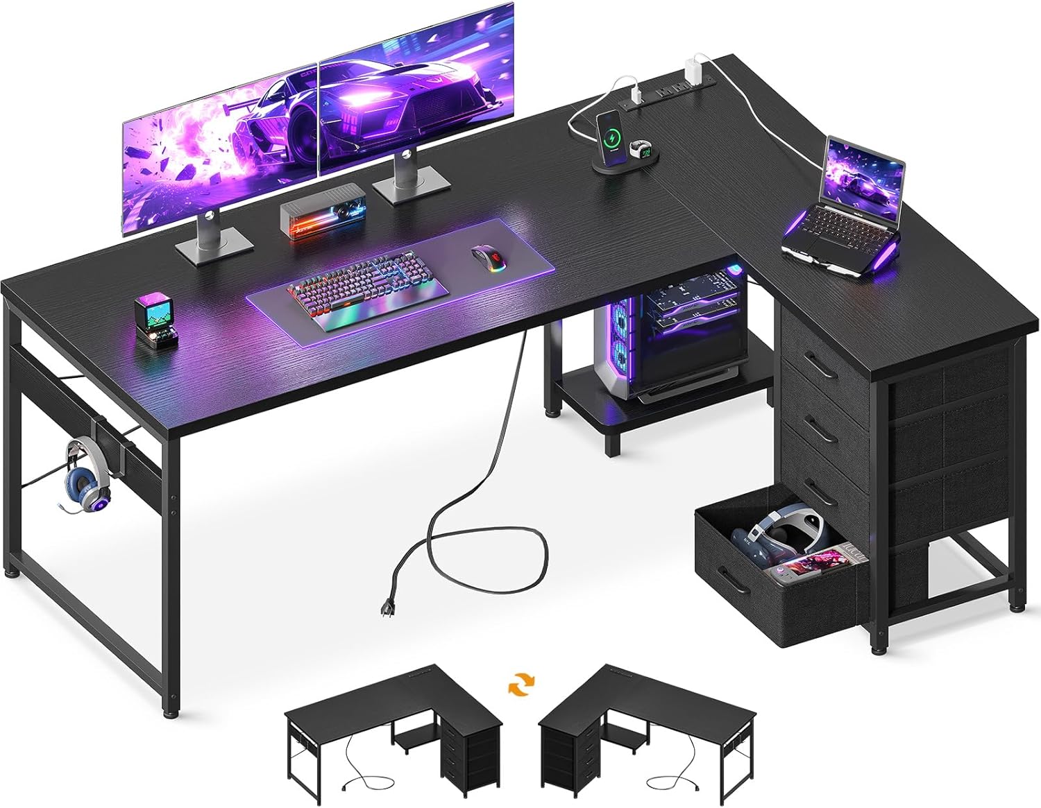 AODK L Shaped Gaming Desk with 4 Drawers, 61" Reversible Home Office Desks with Power Outlets, L Shaped Computer Desk with USB Charging Port and Host Stand, Corner Desk, Easy to Assemble, Black