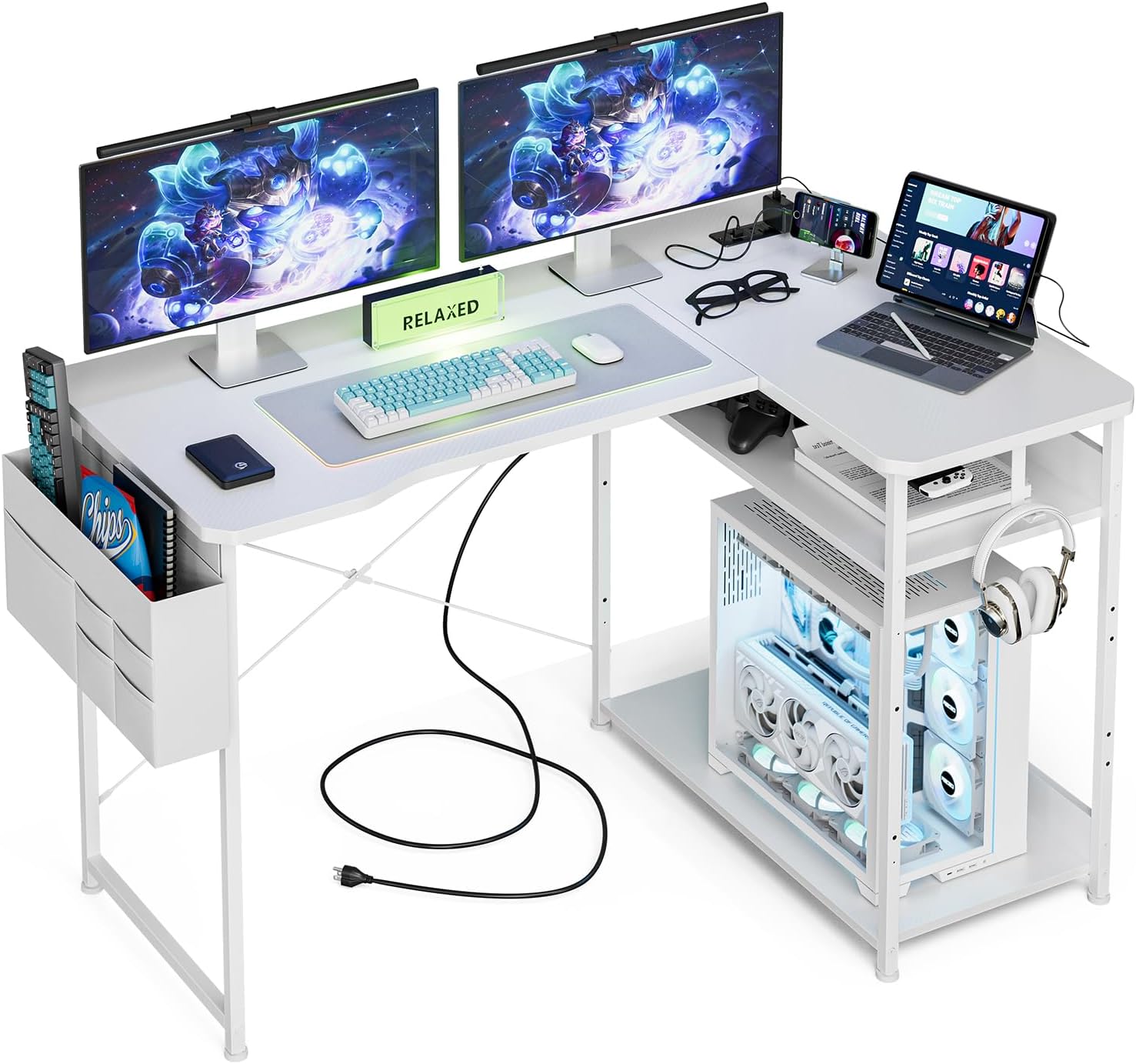 Small Gaming Desk with Power Outlets, 40 Inch L Shaped Desks with Reversible Shelves and Storage Bag,Computer Desk Corner Desk PC Desk for Gaming and Home Office Table,Black