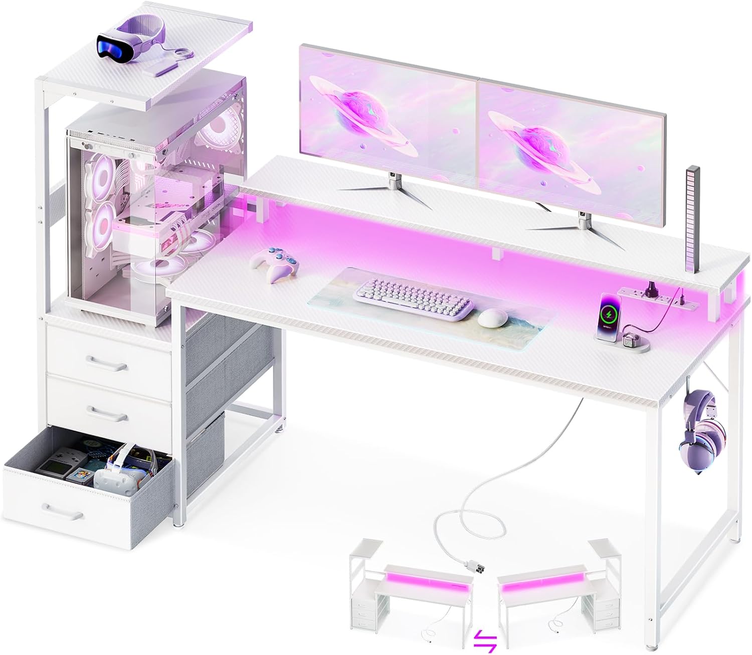 Casaottima 59 Inch Gaming Desk with USB Charging Ports & LED Light - Reversible Computer Desk with 3 Fabric Drawers, Monitor Stand, CPU Stand, and Side Hook, Modern Office Desk, Pure Black