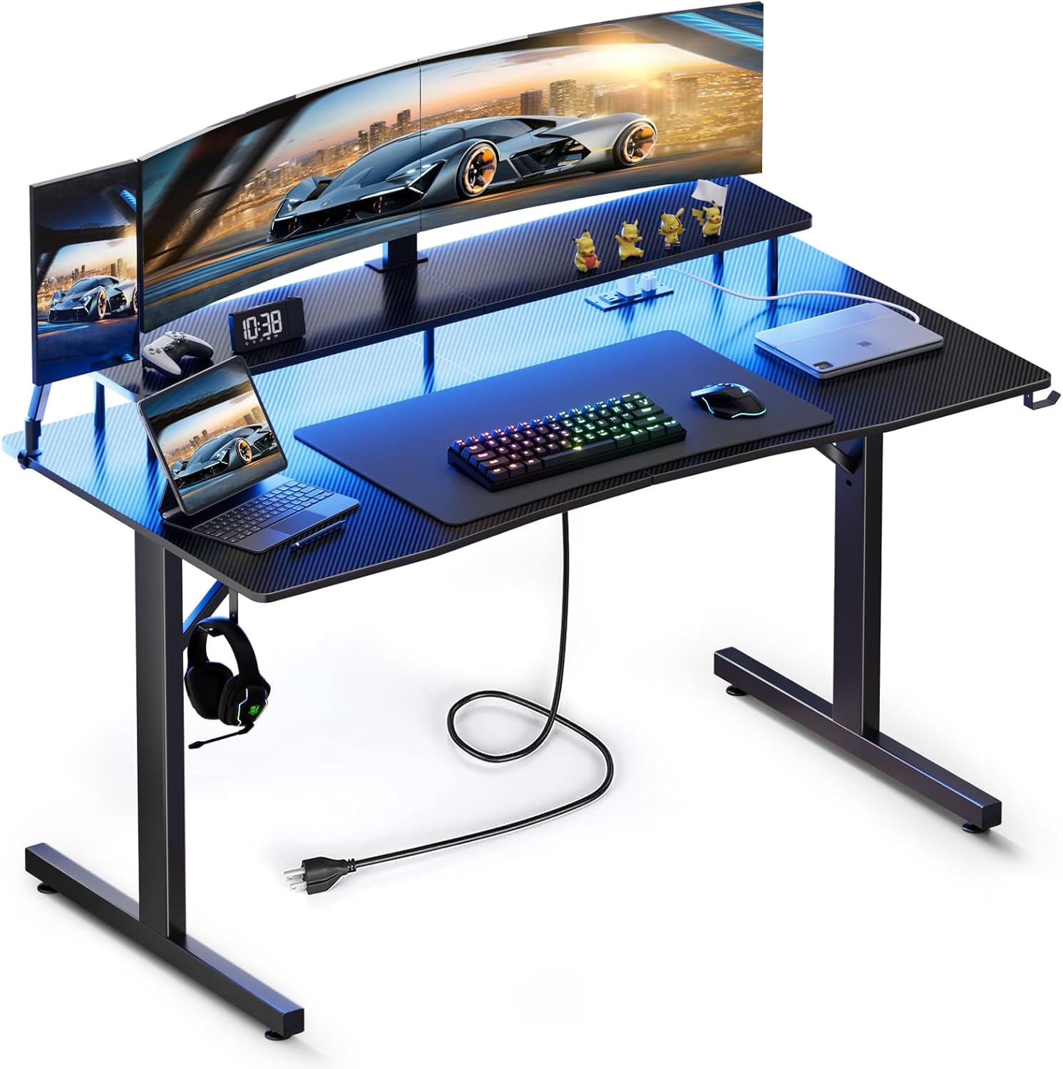 COMHOMA 55 Inch Gaming Desk with USB Charging Ports and LED Lights, Computer Desk with Monitor Stand for Home Office, Modern Gamer Desk Table with Mouse Pad & Side Hook, Colorful