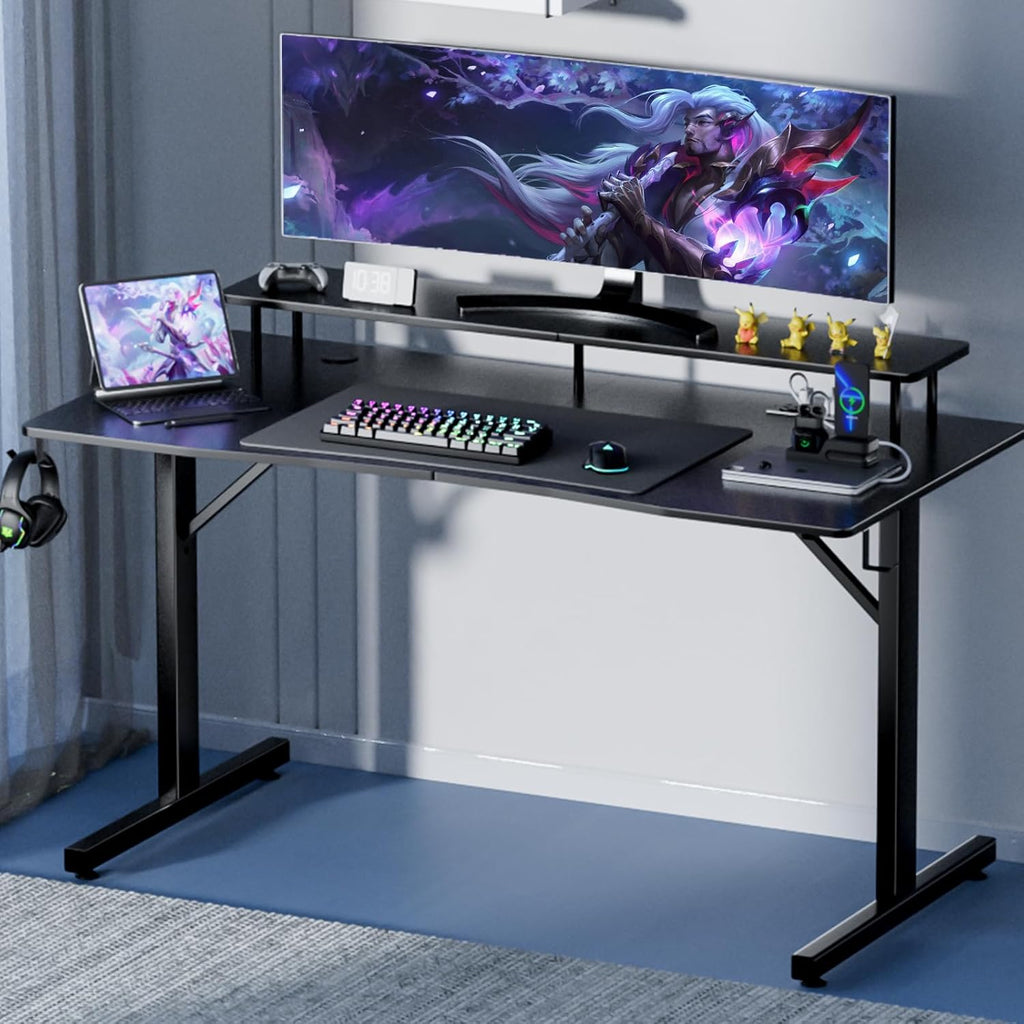 COMHOMA 55 Inch Gaming Desk with USB Charging Ports and LED Lights, Computer Desk with Monitor Stand for Home Office, Modern Gamer Desk Table with Mouse Pad & Side Hook, Colorful
