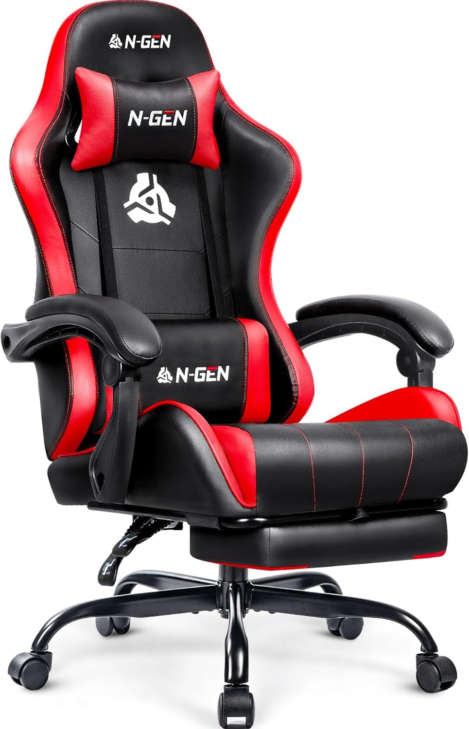 N-GEN GAMING Video Gaming Chair with Footrest Lumbar Support for Home Office High Back Recliner Height Adjustable Ergonomic Comfy Leather Computer Desk Chair (Black)