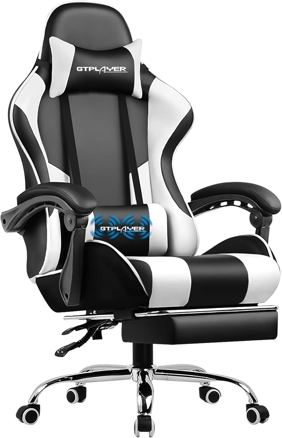 GTPLAYER Gaming Chair, Computer Chair with Footrest and Lumbar Support, Height Adjustable Game Chair with 360°-Swivel Seat and Headrest and for Office or Gaming (Pearl White)
