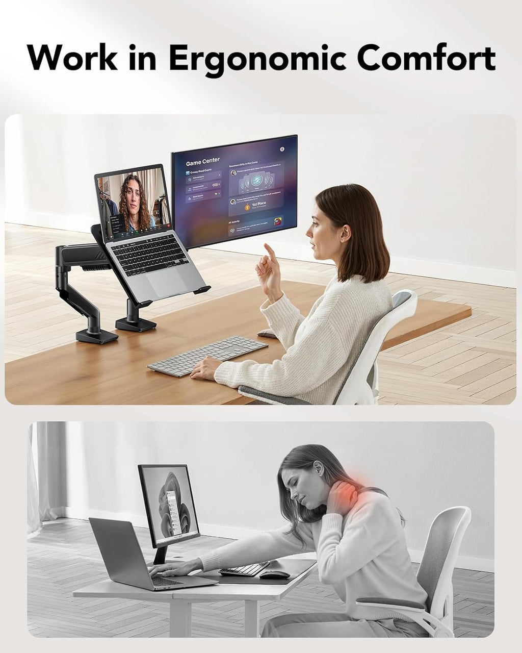 HUANUO 2 in 1 Function Laptop Mount with Tray, Fits 13-34″ Monitors & Up to 17″ Notebook, Ergonomic Laptop Arm with Full Motion Adjustment, Laptop Stand for Desk, VESA 75x75mm/100x100mm