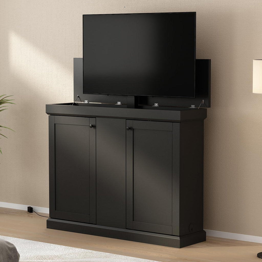 ECACAD TV Stand Cabinet with Charging Station, Motor Rising & Lowering Mount, Modern Entertainment Center with 9 Drawers for TVs up to 65 Inch, Lift Media Console Table for Living Room, White & Brown