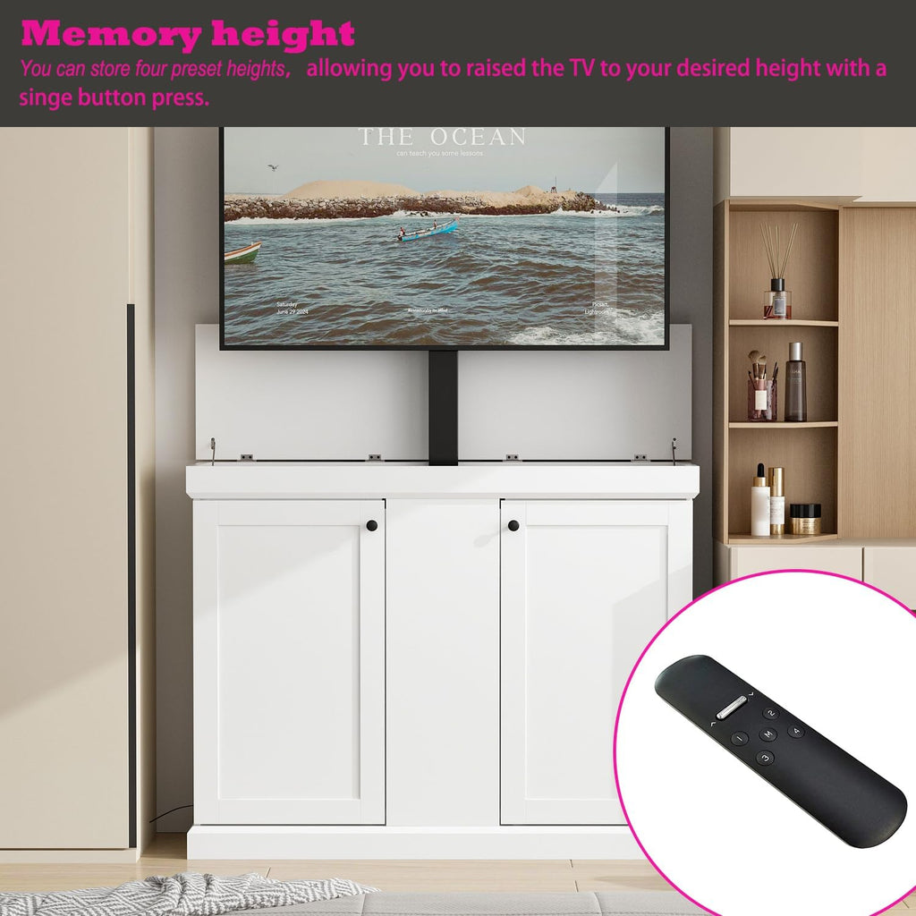 MOUMON Modern TV Stand Elevate TV Lift Cabinet with Mount, Media Console Table with Remote, Entertainment Center with 2 Doors, for Living Room, White, 50.4”W x 13.8”D x 39.3”H