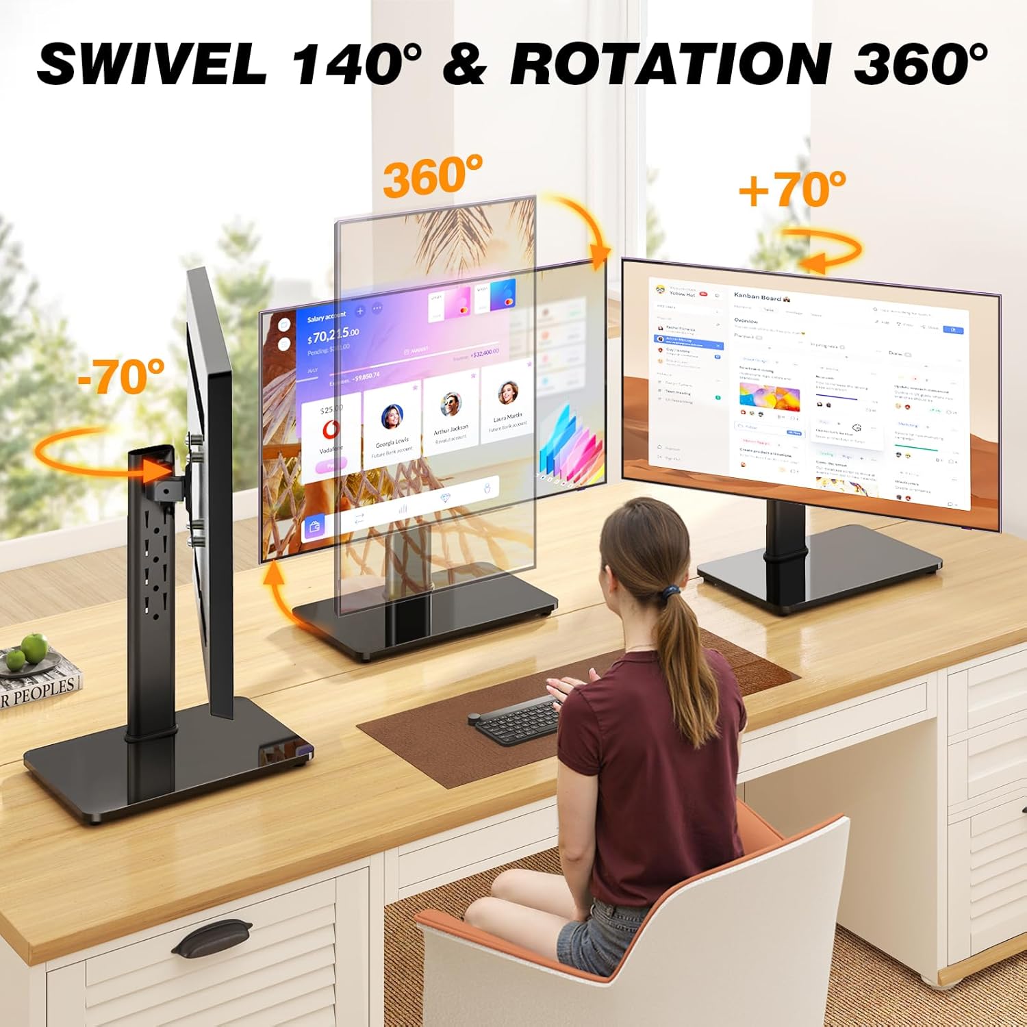 Single Monitor Stand VESA Mount for 13-32 Inch Screens, Free-Standing Monitor Riser with Swivel Tilt Rotation Height Adjustable, Universal Desk Stand up to 44lbs, VESA 75x75, 100x100mm