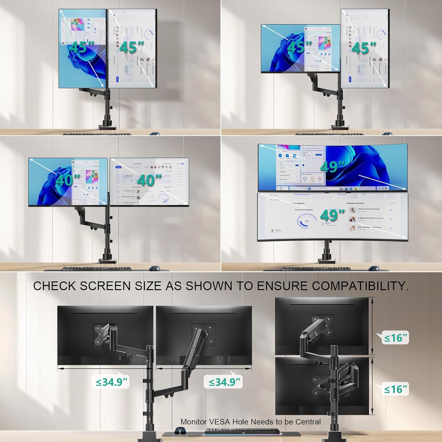 WALI Dual Monitor Stand for 17-49 Inch Ultrawide Curved Screens Stacking, Heavy Duty Vertical Dual Monitor Arm for Desk, Adjustable Gas Spring Double Monitor Mount (GSDM002XLN), Black