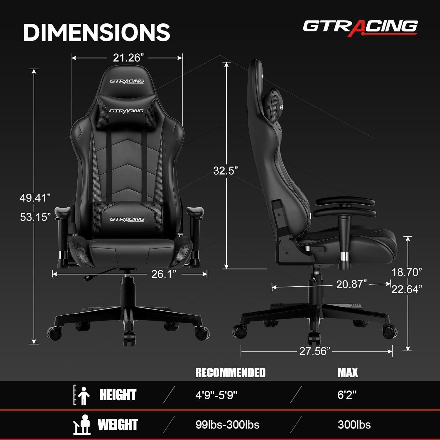 GTRACING Gaming Chair with Reclining Backrest, Adjustable Height and Swivel Base, Ergonomic Computer Chair with Headrest and Lumbar Support (Black)