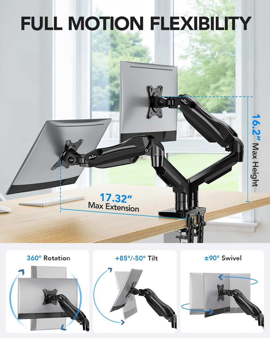 HUANUO Dual Monitor Stand, Fully Adjustable Gaming Monitor Desk Mount for 13–32″ Computer Screens, Full Motion VESA 75x75/100x100 with C-Clamp & Grommet Base, Each Arm Holds 4.4 to 19.8 lbs