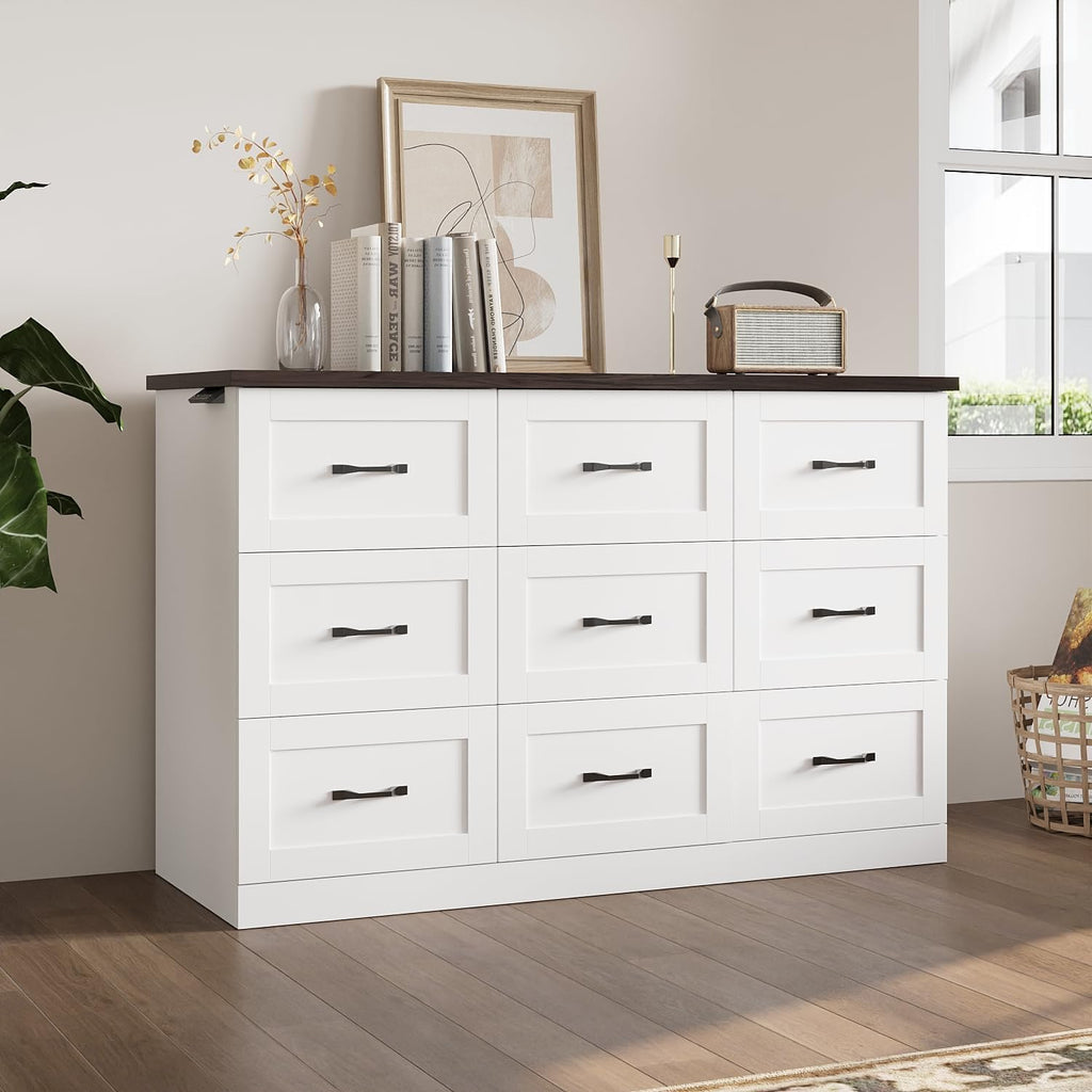 ECACAD TV Stand Cabinet with Charging Station, Motor Rising & Lowering Mount, Modern Entertainment Center with 9 Drawers for TVs up to 65 Inch, Lift Media Console Table for Living Room, White & Brown