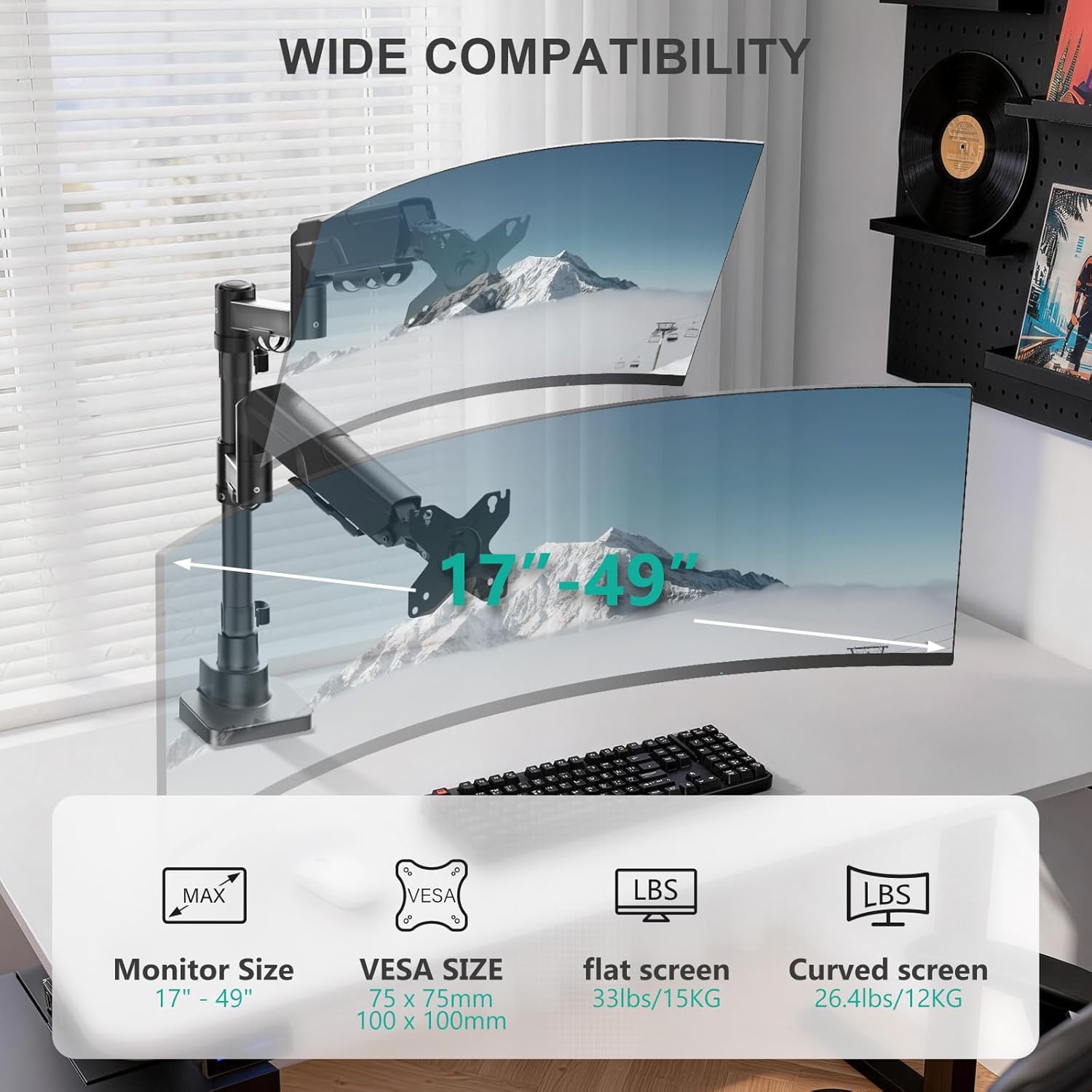 WALI Dual Monitor Stand for 17-49 Inch Ultrawide Curved Screens Stacking, Heavy Duty Vertical Dual Monitor Arm for Desk, Adjustable Gas Spring Double Monitor Mount (GSDM002XLN), Black