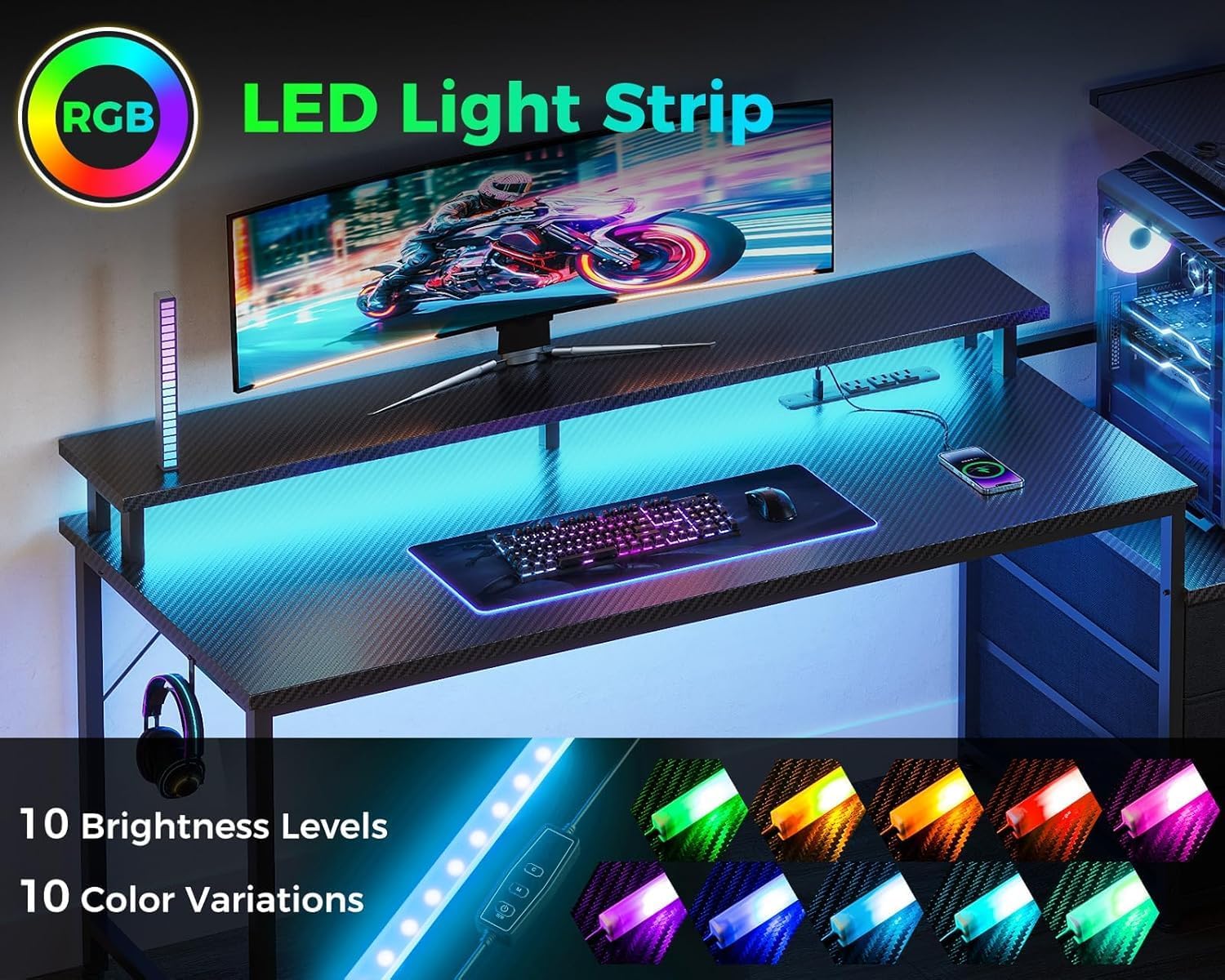 Casaottima 59 Inch Gaming Desk with USB Charging Ports & LED Light - Reversible Computer Desk with 3 Fabric Drawers, Monitor Stand, CPU Stand, and Side Hook, Modern Office Desk, Pure Black