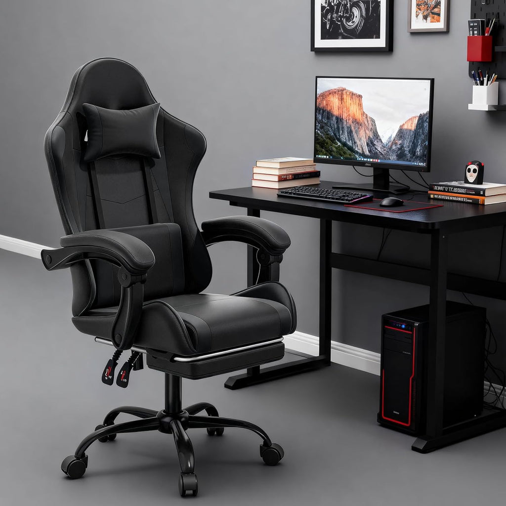 MoNiBloom Gaming Chair with Footrest High Back Video Game Chair with Headrest & Lumbar Support Height Adjustable Leather Swivel Computer Chair for Adult Teen Office or Gaming, Black