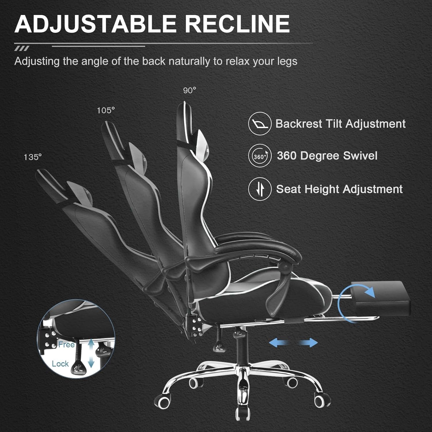 GTPLAYER Gaming Chair, Computer Chair with Footrest and Lumbar Support, Height Adjustable Game Chair with 360°-Swivel Seat and Headrest and for Office or Gaming (Pearl White)