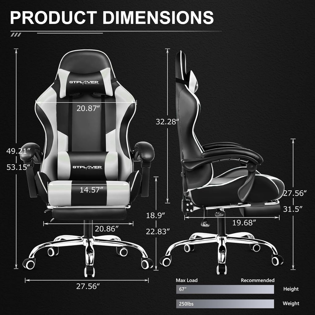GTPLAYER Gaming Chair, Computer Chair with Footrest and Lumbar Support, Height Adjustable Game Chair with 360°-Swivel Seat and Headrest and for Office or Gaming (Pearl White)