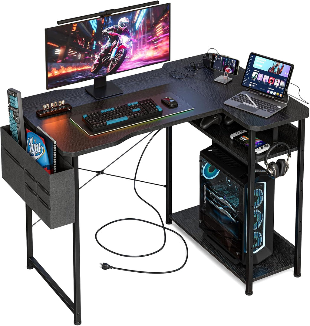 Small Gaming Desk with Power Outlets, 40 Inch L Shaped Desks with Reversible Shelves and Storage Bag,Computer Desk Corner Desk PC Desk for Gaming and Home Office Table,Black