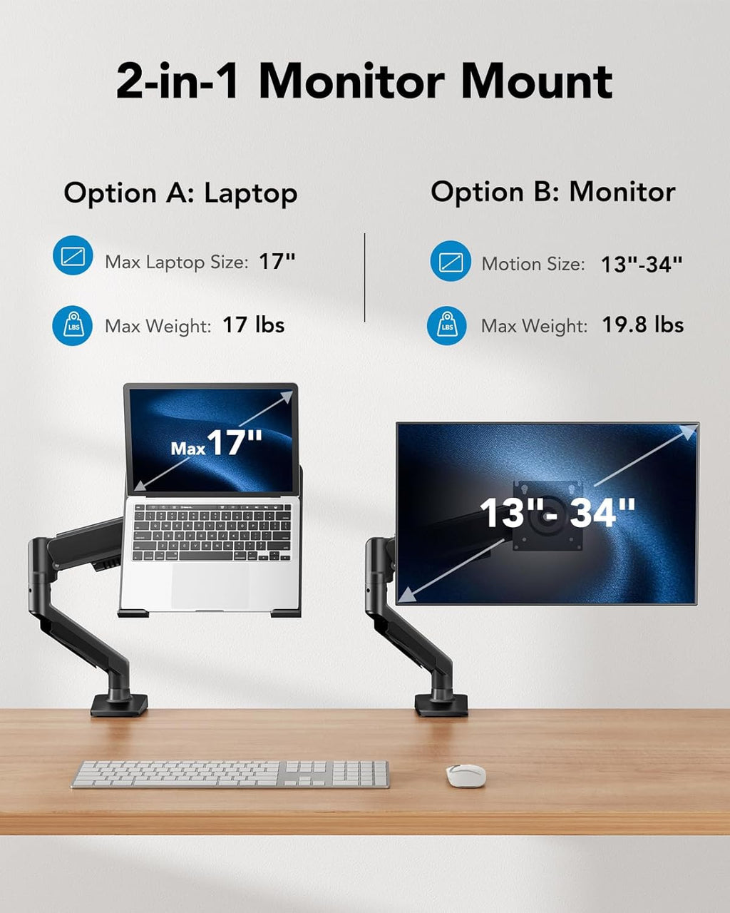 HUANUO 2 in 1 Function Laptop Mount with Tray, Fits 13-34″ Monitors & Up to 17″ Notebook, Ergonomic Laptop Arm with Full Motion Adjustment, Laptop Stand for Desk, VESA 75x75mm/100x100mm