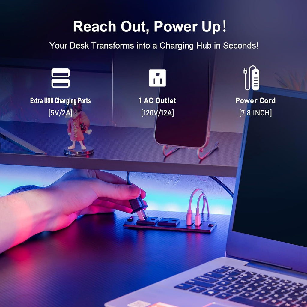 COMHOMA 55 Inch Gaming Desk with USB Charging Ports and LED Lights, Computer Desk with Monitor Stand for Home Office, Modern Gamer Desk Table with Mouse Pad & Side Hook, Colorful