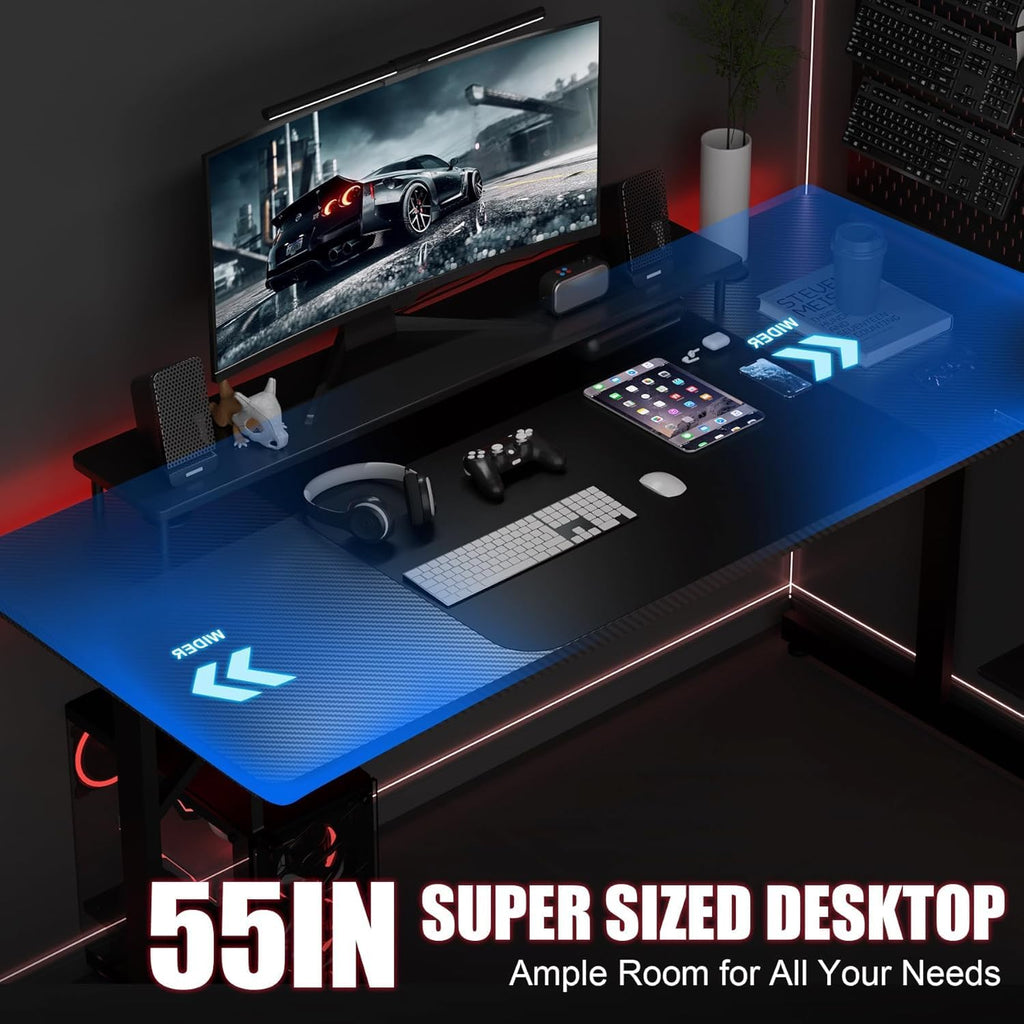 GTPLAYER Gaming Desk 55 Inch with LED Lights, Large Computer Desk with Mouse Pad for Home Office, T-Shaped Carbon Fibre Surface PC Game Workstations with Headphone Hook