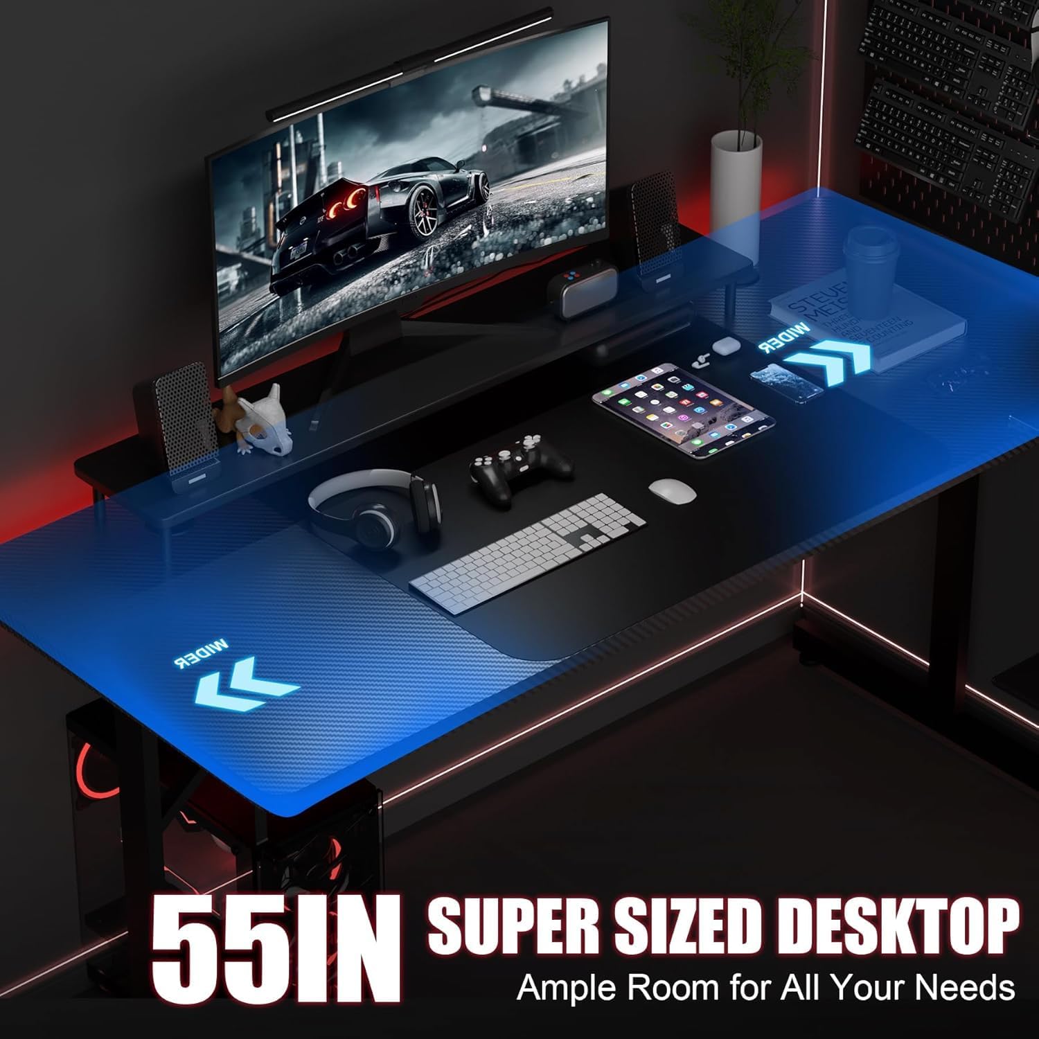 GTPLAYER Gaming Desk 55 Inch with LED Lights, Large Computer Desk with Mouse Pad for Home Office, T-Shaped Carbon Fibre Surface PC Game Workstations with Headphone Hook