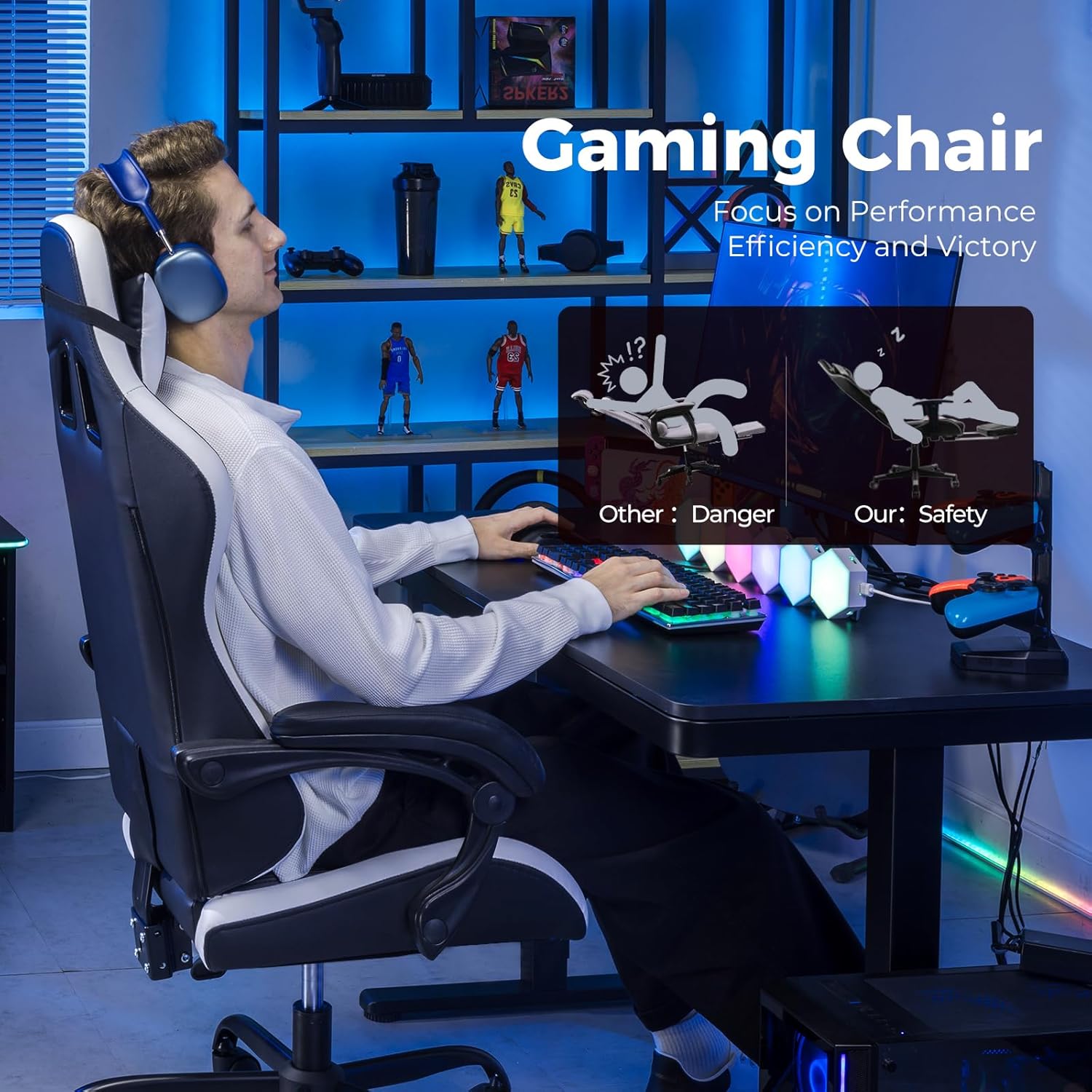GTPLAYER Gaming Chair, Video Game Chairs Racing Style PC Game Chairs for Adults - Padded High Back Ergonomic Reclining Silla Gamer, Linkage Armrest