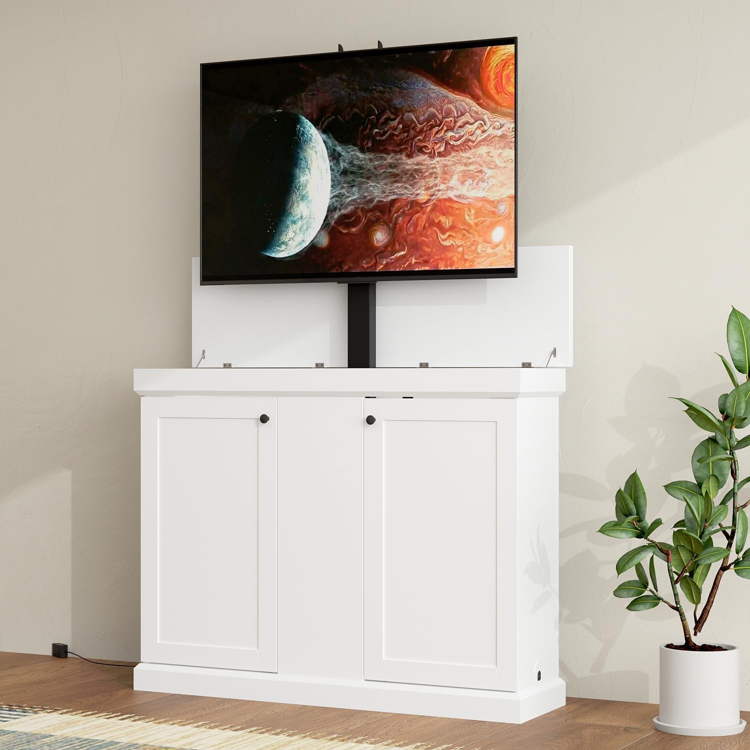 MOUMON Modern TV Stand Elevate TV Lift Cabinet with Mount, Media Console Table with Remote, Entertainment Center with 2 Doors, for Living Room, White, 50.4”W x 13.8”D x 39.3”H