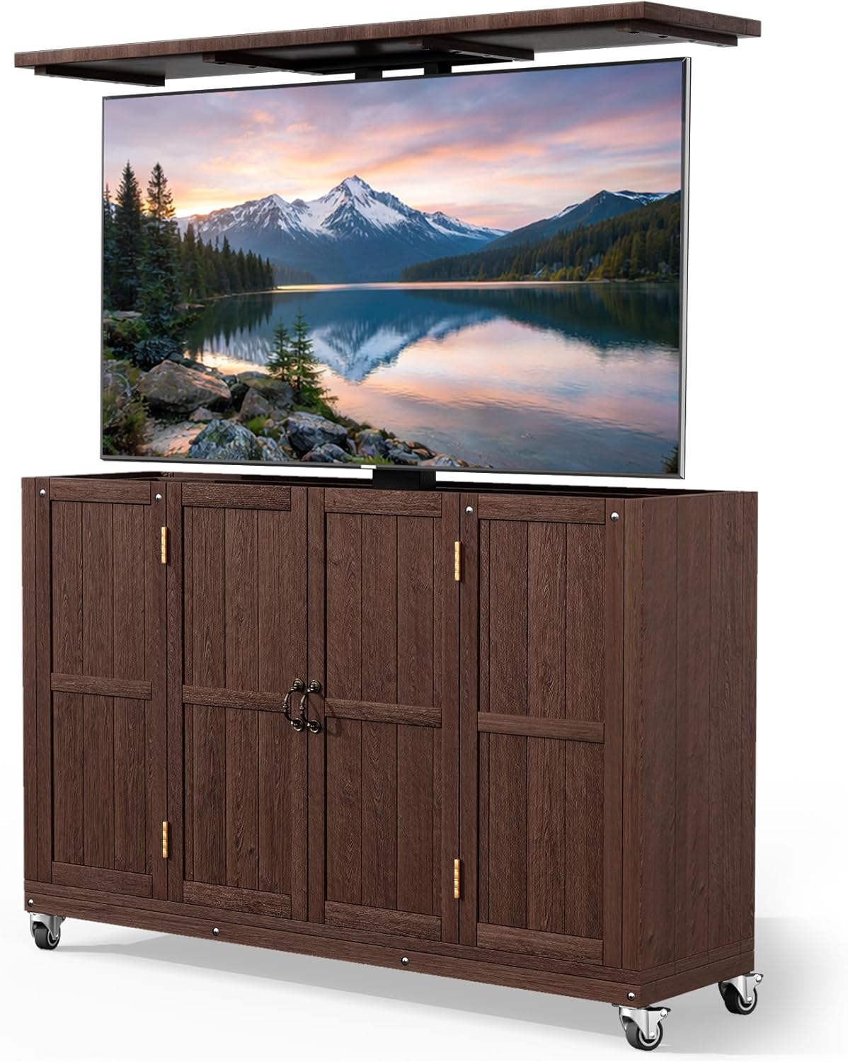 Haddockway Outdoor TV Lift Cabinet for 32–65" TVs, Solid Wood Hidden TV Lift Cabinet with Lockable Wheels, Motorized Weatherproof Outdoor TV Enclosure