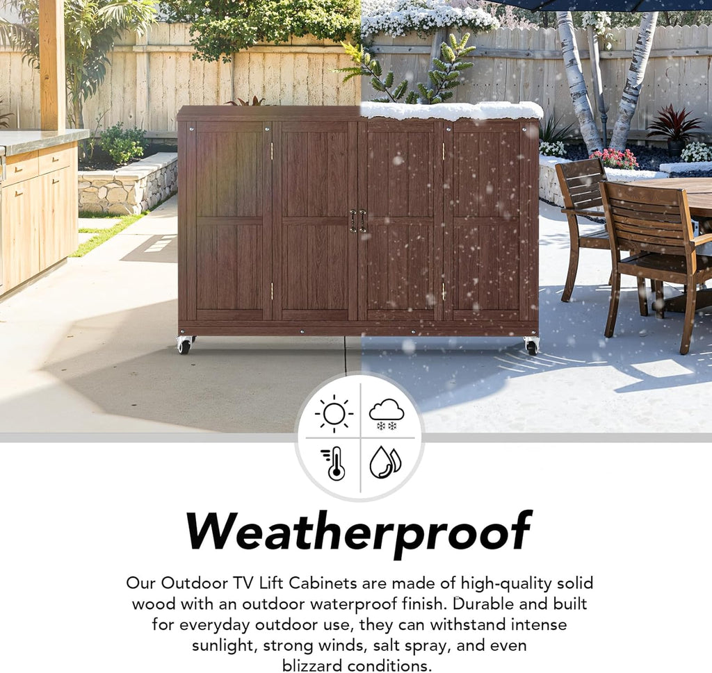 Haddockway Outdoor TV Lift Cabinet for 32–65" TVs, Solid Wood Hidden TV Lift Cabinet with Lockable Wheels, Motorized Weatherproof Outdoor TV Enclosure
